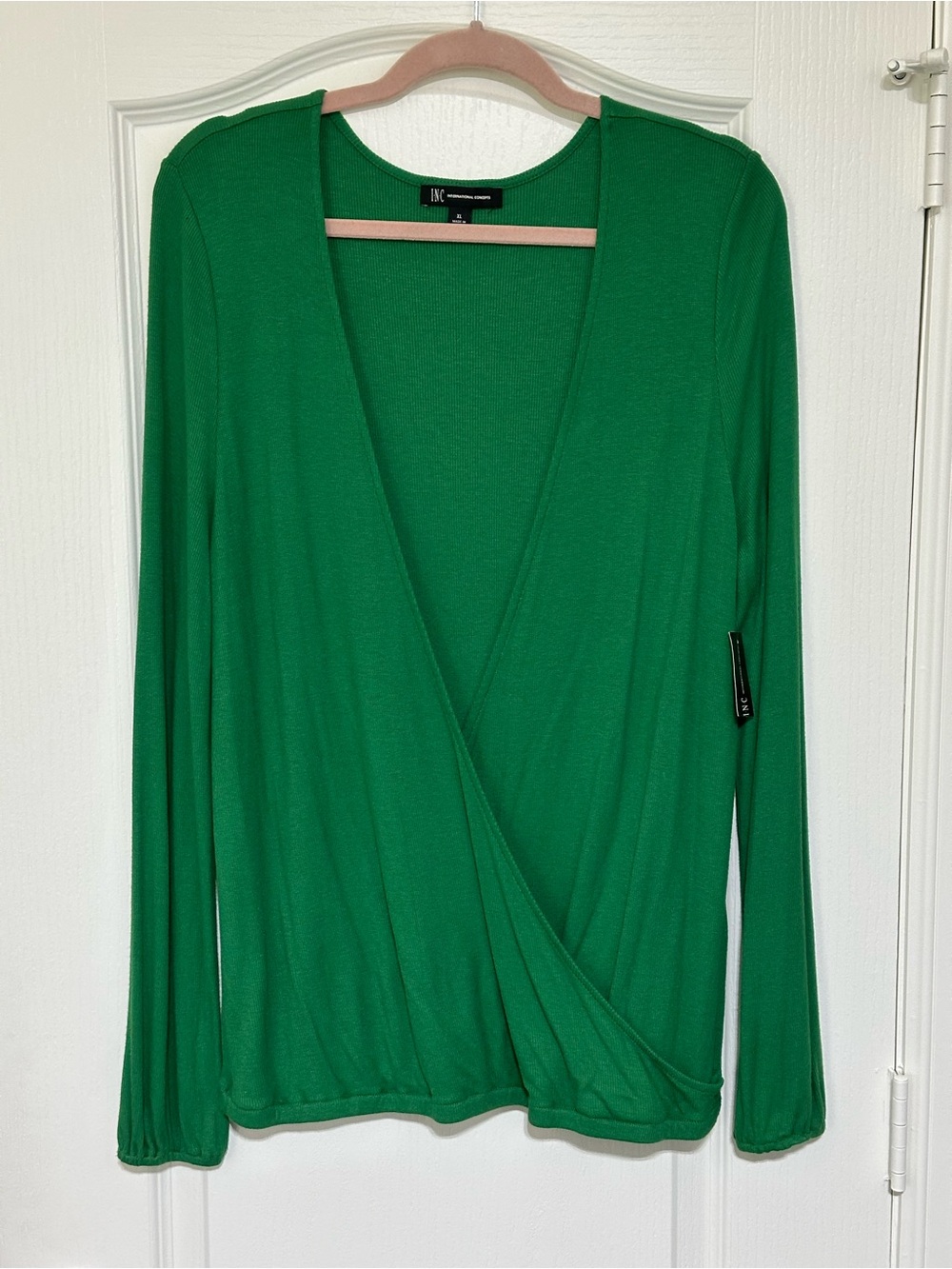 INC International Concepts Emerald Green Faux-Wrap Long Sleeve Top